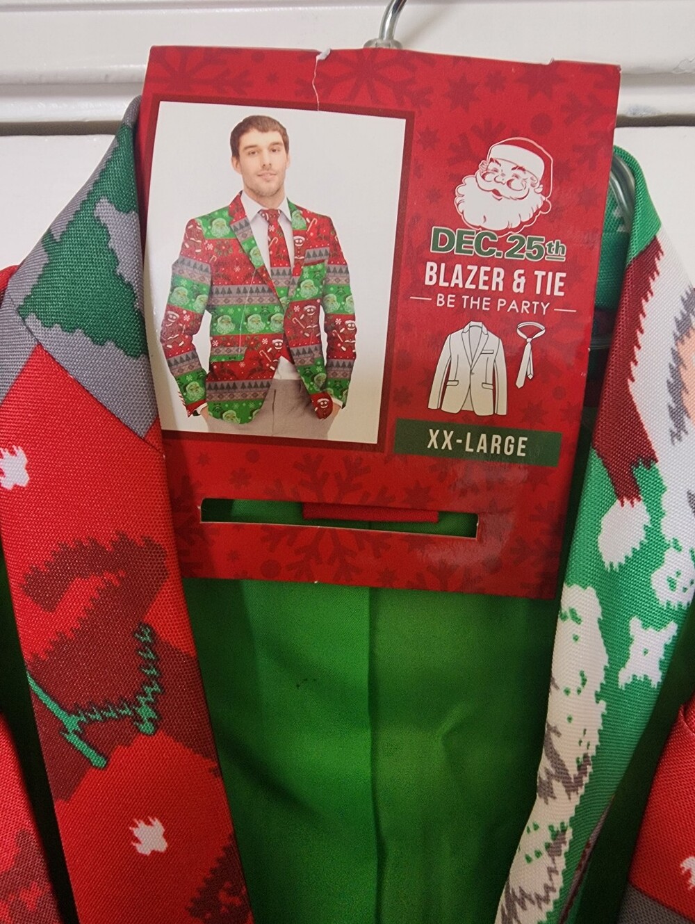Mens Red & Green Holiday Santa Blazer And Tie. - Picture 3 of 8